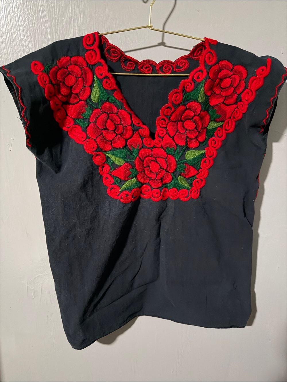 Vintage Mexican Central American Embroidered Black Top with Red Floral Yoke